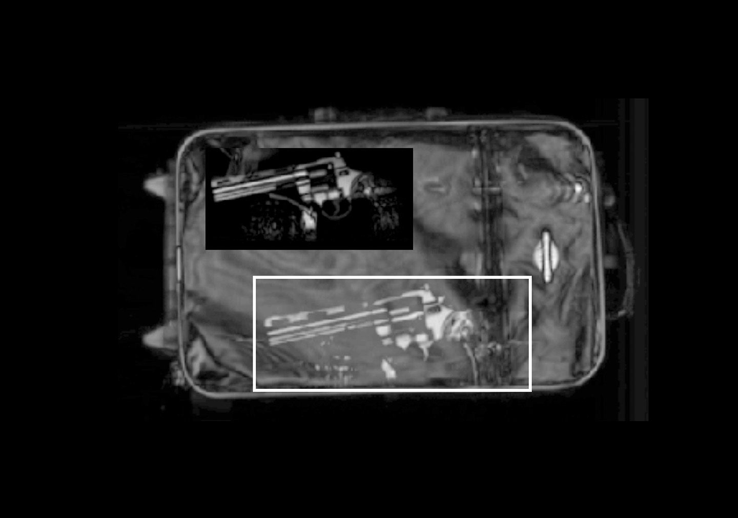 Durchleuchtend gescannter Koffer als Gesamtvisualisierung (Summe aller Schichten) mit enthaltener Handfeuerwaffe (separate Tiefenschicht).