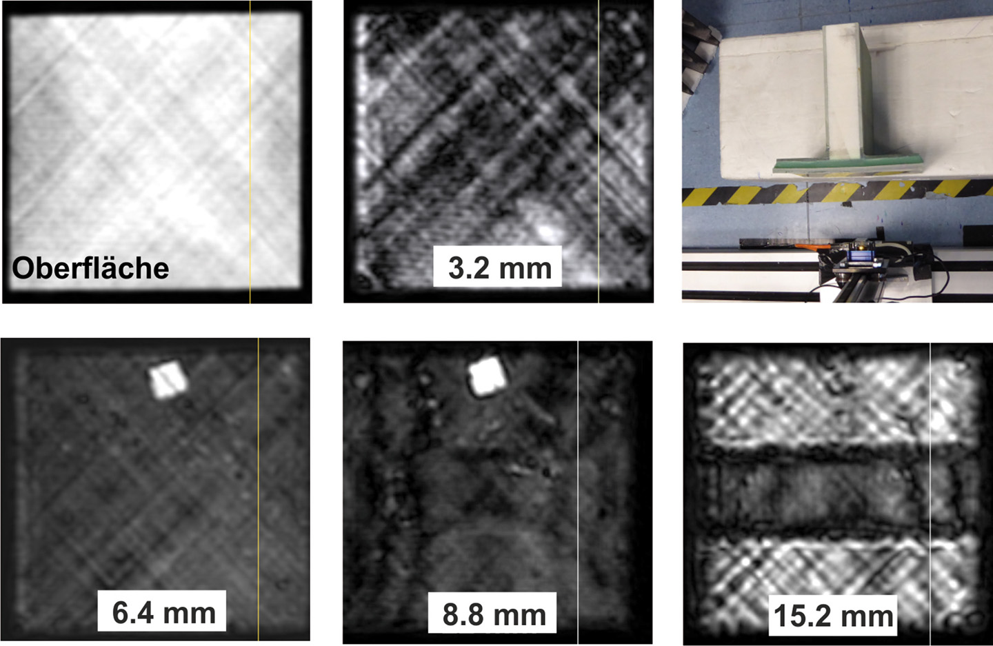 Durchleuchtung einer Windradblatt-Gurtverklebung bei 80 GHz visualisiert in unterschiedlichen Eindringtiefen.