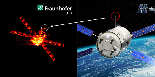 Radarabbildung des ATV4 im Vergleich mit einer 3D-Grafik. Man kann die Spitze des ausgefahrenen Antennenauslegers sehen.