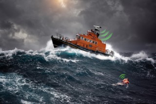 Vision eines zukünftigen Seenotrettungsszenarios: Der in der Rettungsweste integrierte Transponder ermöglicht die Detektion mit einem harmonischen Radar.