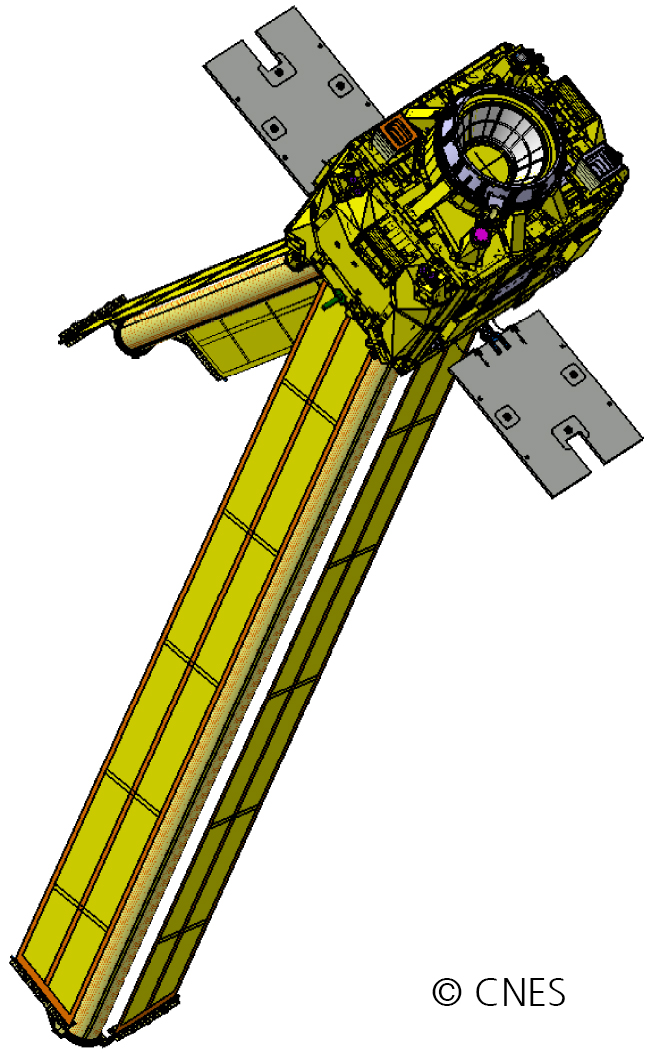 CAD-Modell des CNES-Satelliten Microscope mit zwei entfalteten Deobriting-Segeln.