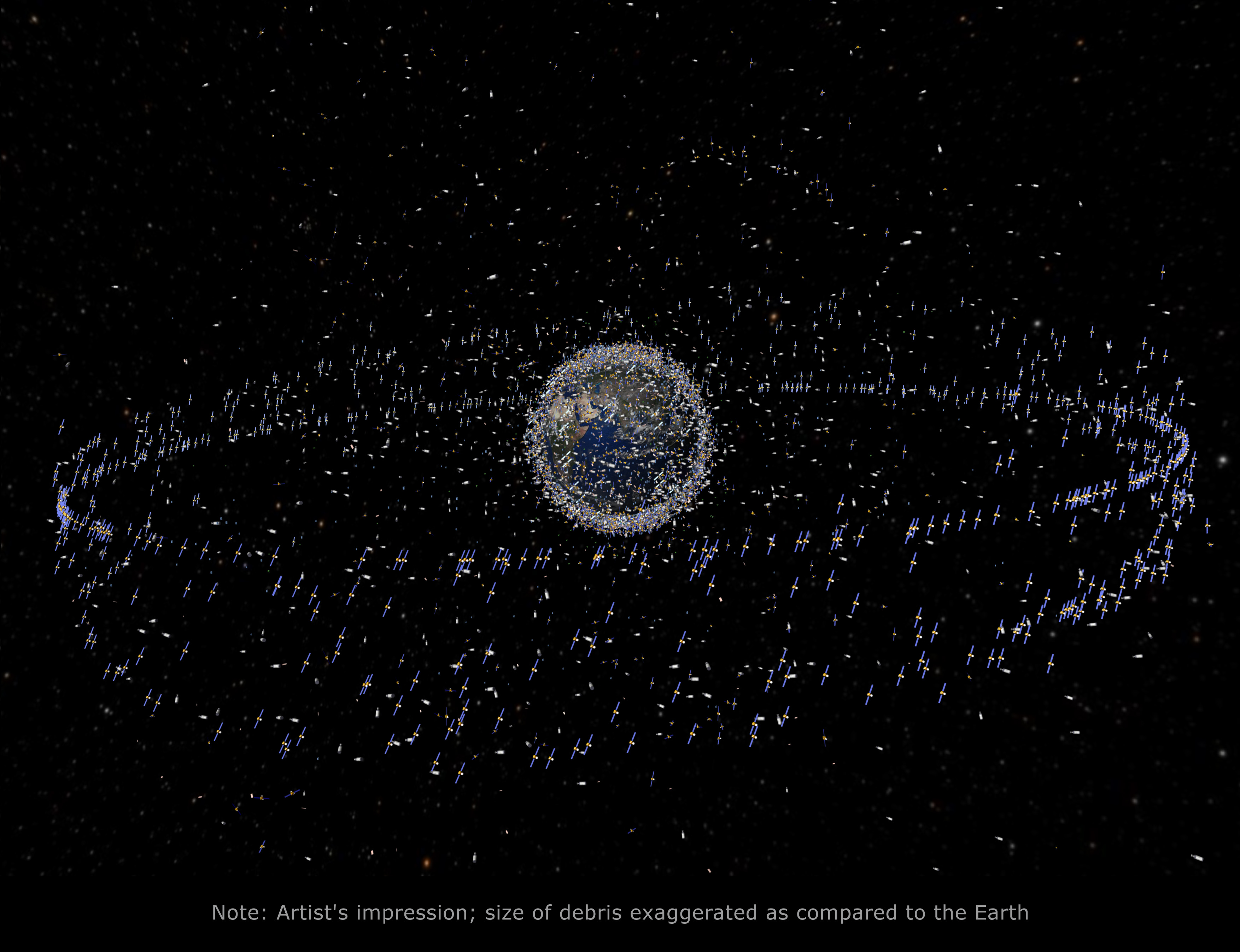 Künstlervorstellung der Verteilung von Weltraumschritt um die Erde, basierend auf tatsächlichen Daten.