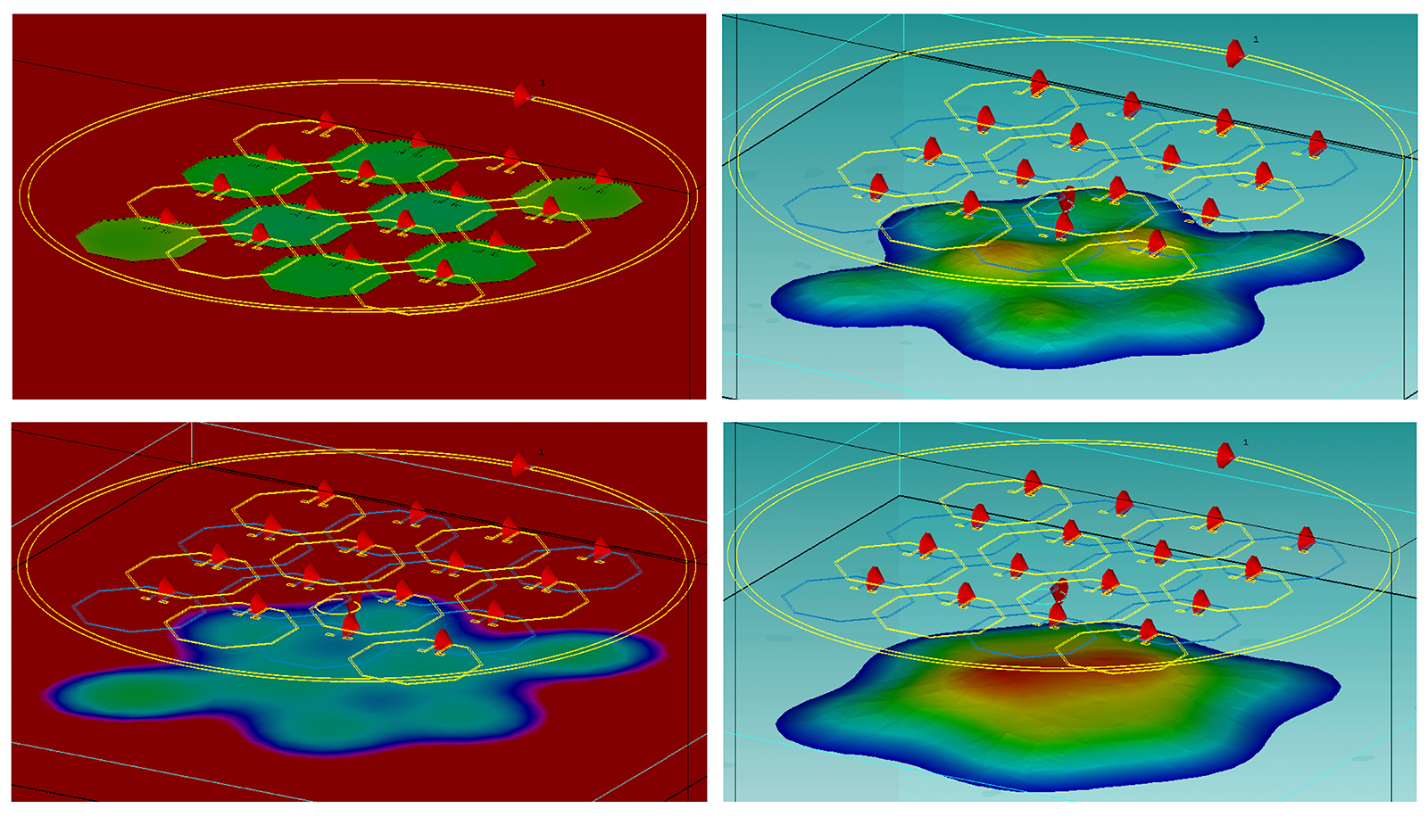 Phase images at two different depths (left) and magnitude images of the magnetic field (right) for different resonance patterns in a metamaterial array. Phase images at two different depths (left) and magnitude images of the magnetic field (right) for different resonance patterns in a metamaterial array.