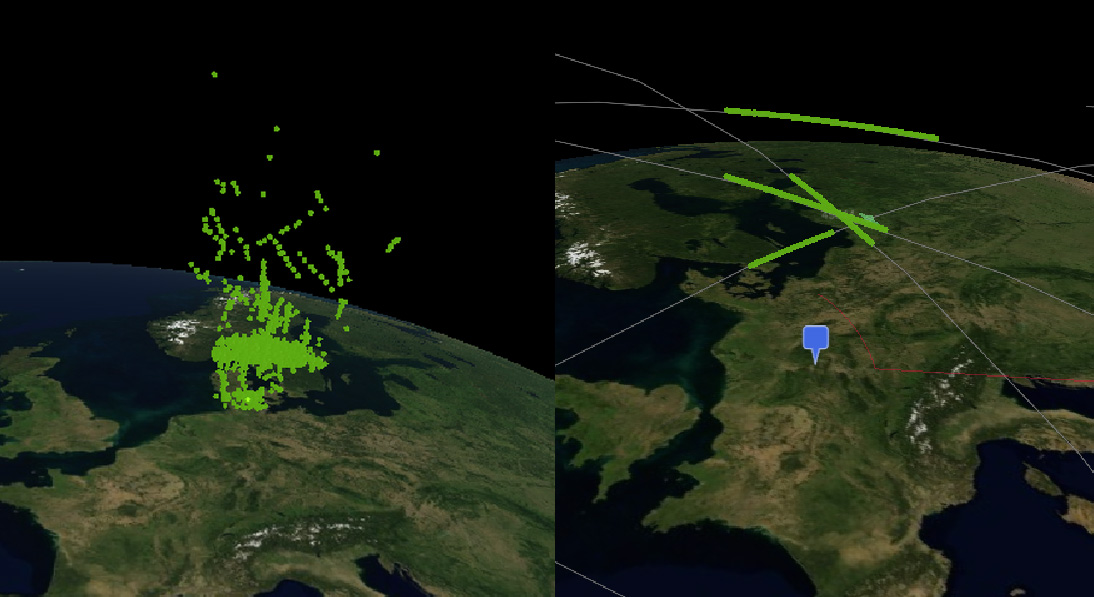 Selected measurement results of the functional demonstration of GESTRA. Left: In search mode, more than 200 objects per hour could be detected. Right: In tracking mode, objects can be precisely tracked along their orbits. Selected measurement results of the functional demonstration of GESTRA. Left: In search mode, more than 200 objects per hour could be detected. Right: In tracking mode, objects can be precisely tracked along their orbits.