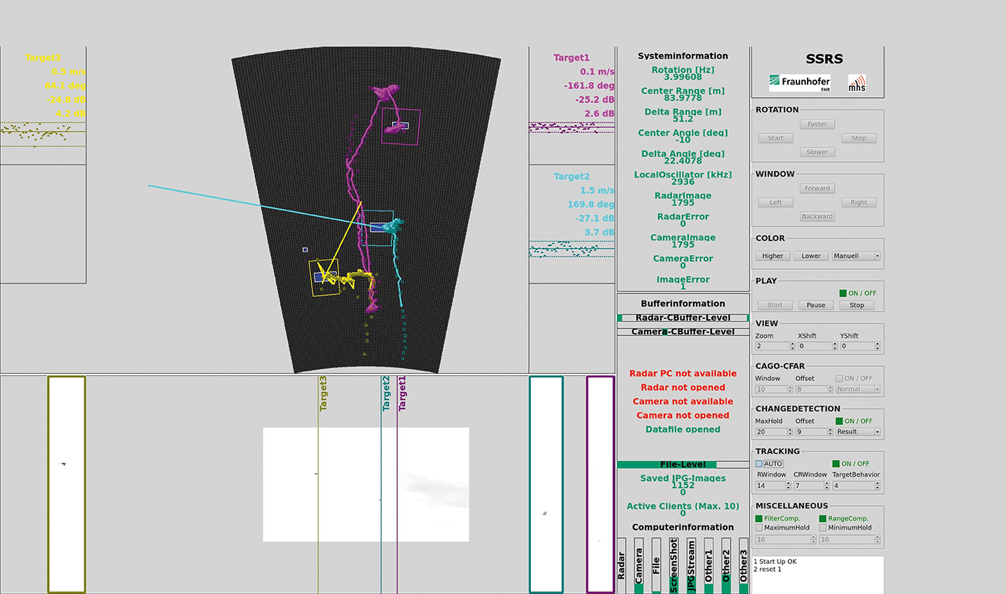 Live tracking of three multicopters with the SSRS system in a measurement range of 50 to 150 m and the measured target parameters. Live tracking of three multicopters with the SSRS system in a measurement range of 50 to 150 m and the measured target parameters.