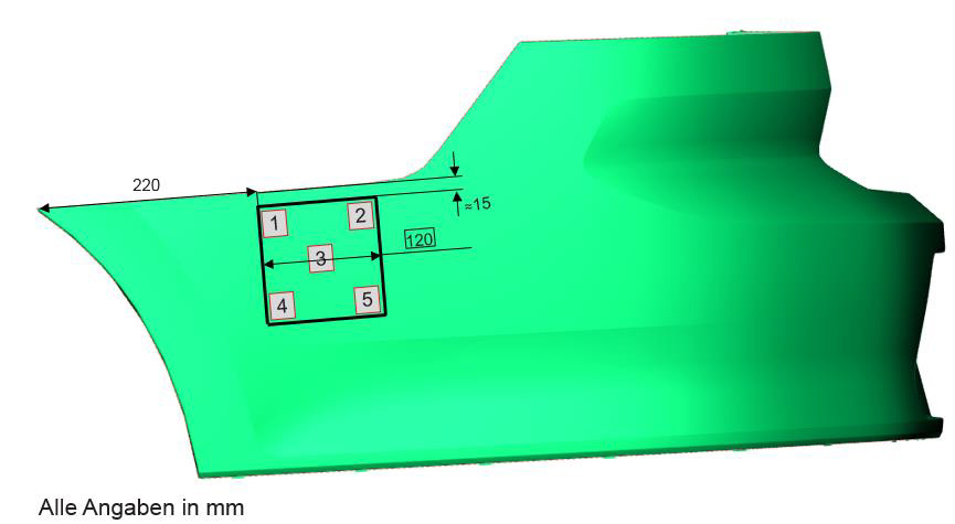 A plastic bumper part and the square section used for the metrological characterization of its properties (all dimension specifications in mm). 
