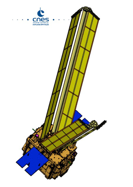 Model des MicroSCOPE Satelliten mit entfaltetem De-Orbiting-System und Orientierung wie im Radarbild (Bild 2). Model of the MicroSCOPE satellite with deployed deorbiting system and orientation as in the radar image (figure 2).