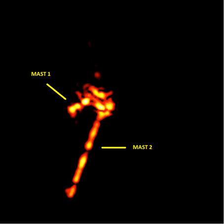 Radarbild von MicroSCOPE mit entfaltetem De-Orbiting-System aus einem weiteren Überflug. Radar image of MicroSCOPE with deployed deorbiting system from another flyover.