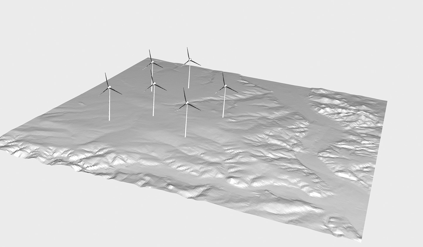 Terrain model with wind turbines (schematic representation, wind turbines are oversized).