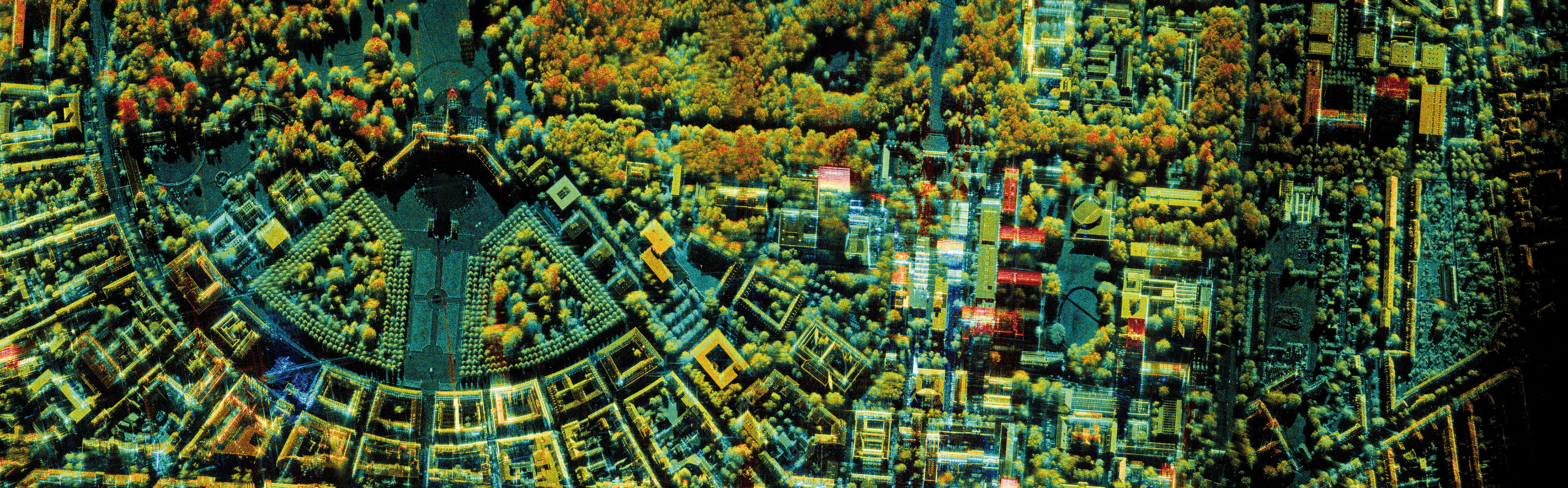 3D-Radarabbildung der Innenstadt von Karlsruhe. Die Höhen sind farblich kodiert.
